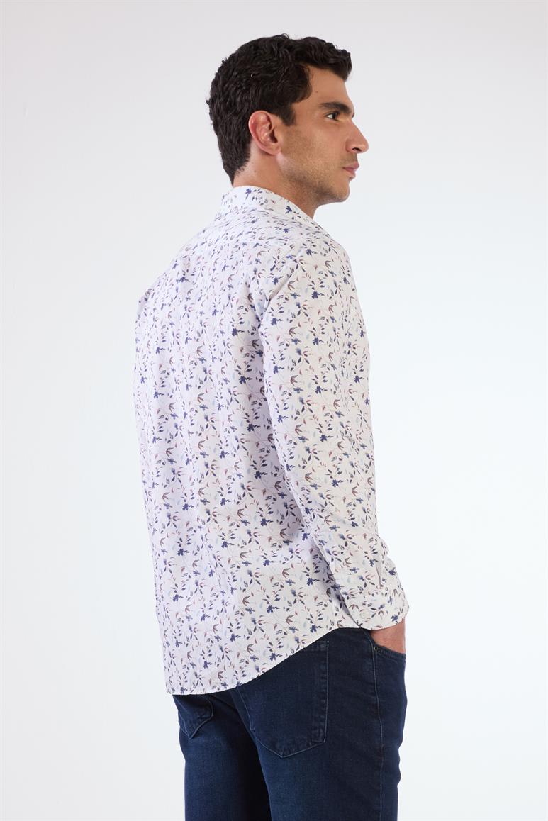 Mavi Erkek Slim Fit Çiçek Desenli Brent Yaka Uzun Kol Gömlek 
