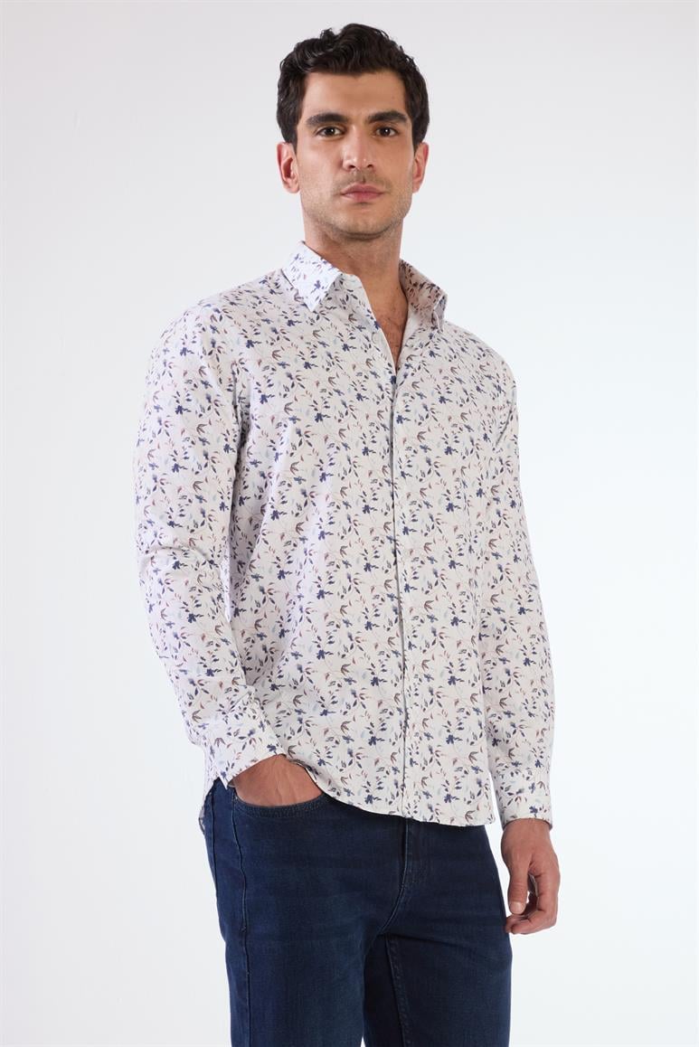 Mavi Erkek Slim Fit Çiçek Desenli Brent Yaka Uzun Kol Gömlek 