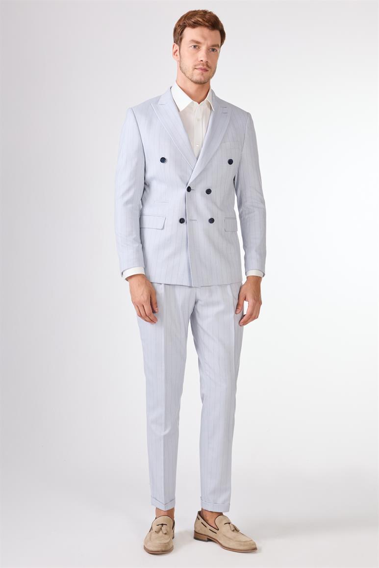 Mavi Erkek Slim Fit Çizgili Kruvaze Yaka Takım Elbise 