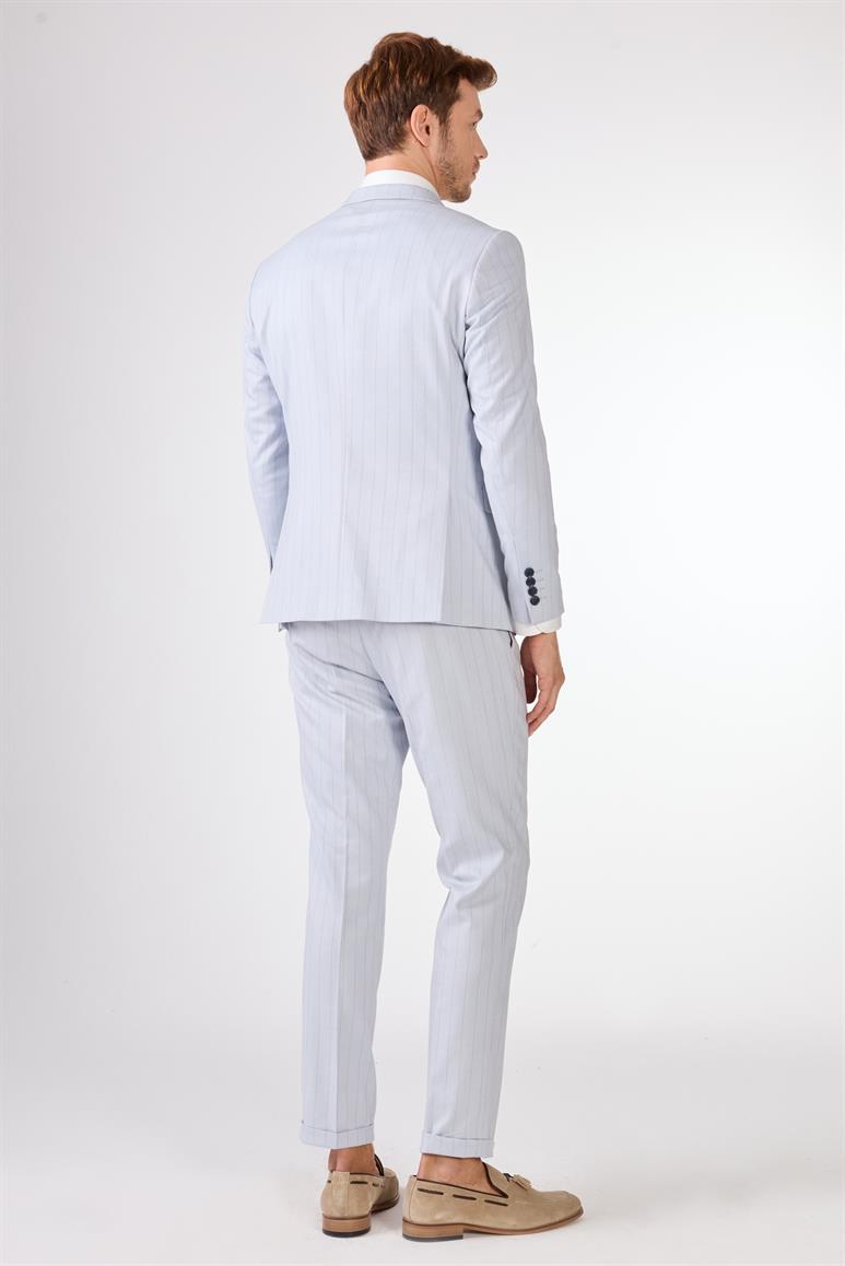 Mavi Erkek Slim Fit Çizgili Kruvaze Yaka Takım Elbise 