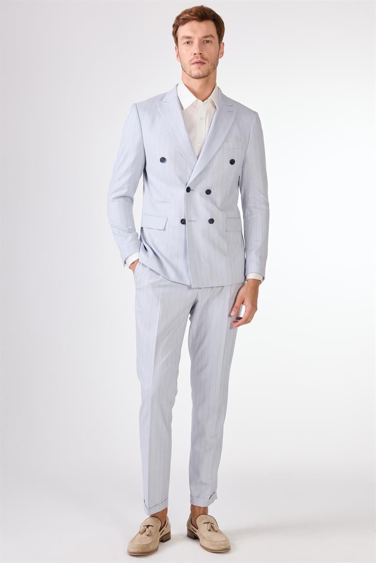Mavi Erkek Slim Fit Çizgili Kruvaze Yaka Takım Elbise 