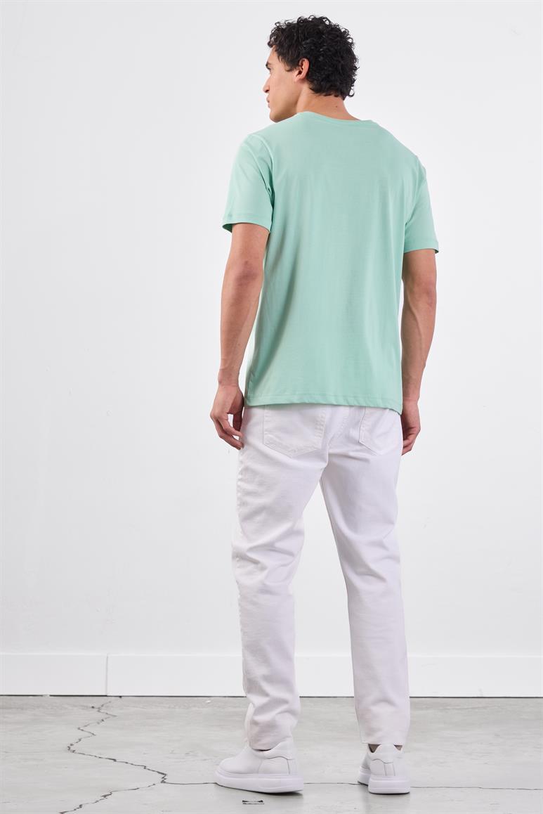 Mint Yeşili V Yaka Pamuklu Düz Renk Slim Fit Erkek T-shirt