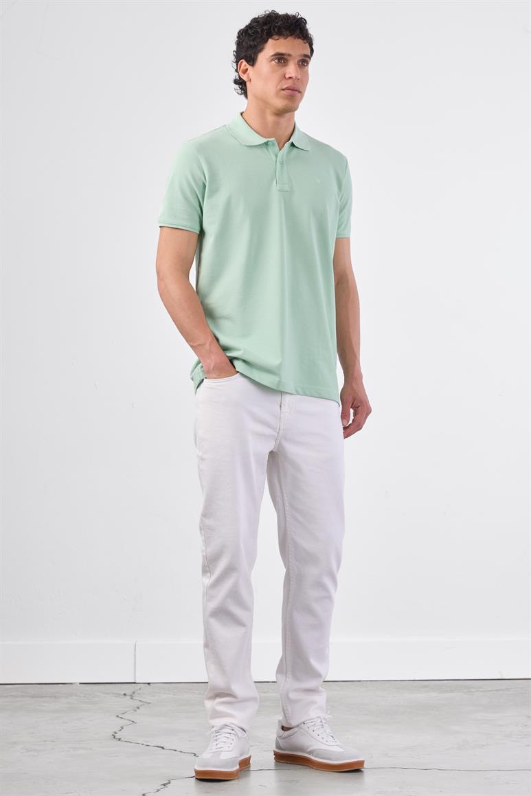 Mint Yeşili Polo Yaka Pamuklu Düz Renk Slim Fit Erkek T-shirt