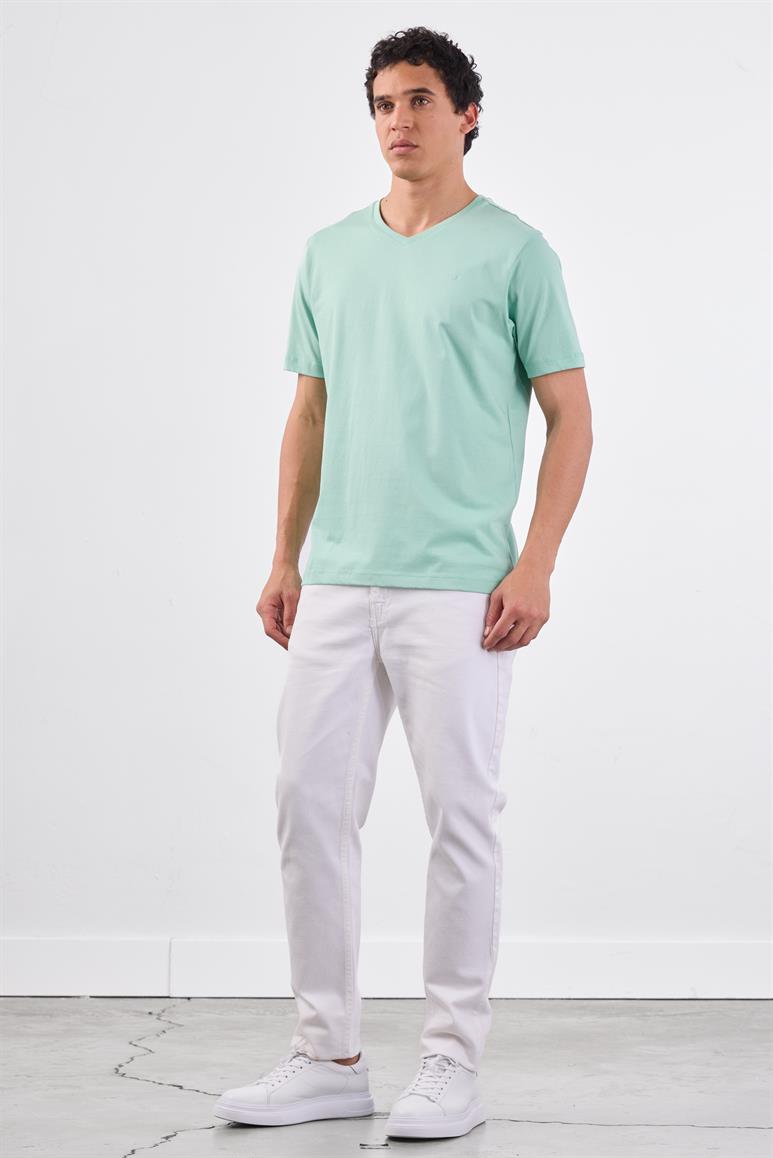 Mint Yeşili V Yaka Pamuklu Düz Renk Slim Fit Erkek T-shirt