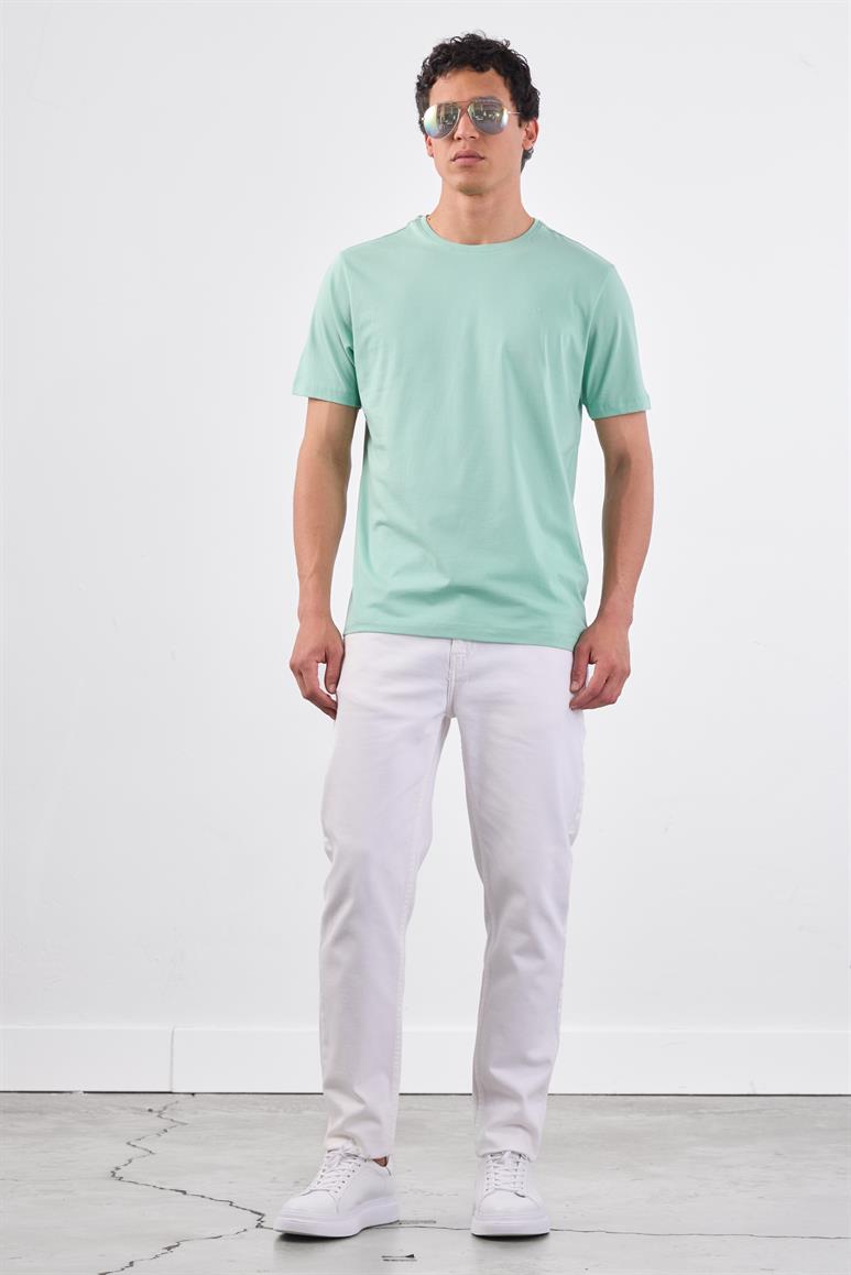 Mint Yeşili Bisiklet Yaka Pamuklu Düz Renk Slim Fit Erkek T-shirt