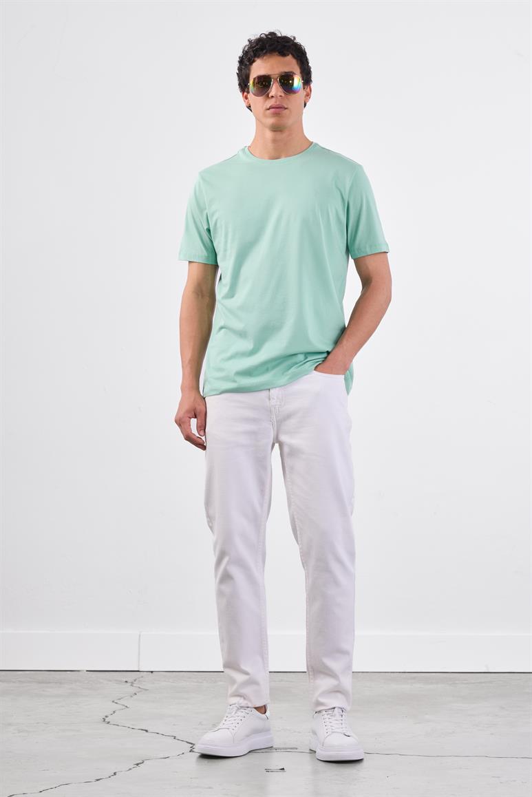 Mint Yeşili Bisiklet Yaka Pamuklu Düz Renk Slim Fit Erkek T-shirt