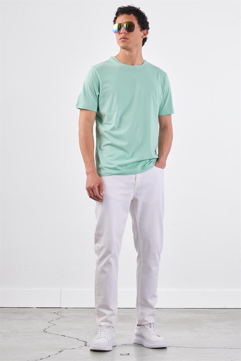 Mint Yeşili Bisiklet Yaka Pamuklu Düz Renk Slim Fit Erkek T-shirt