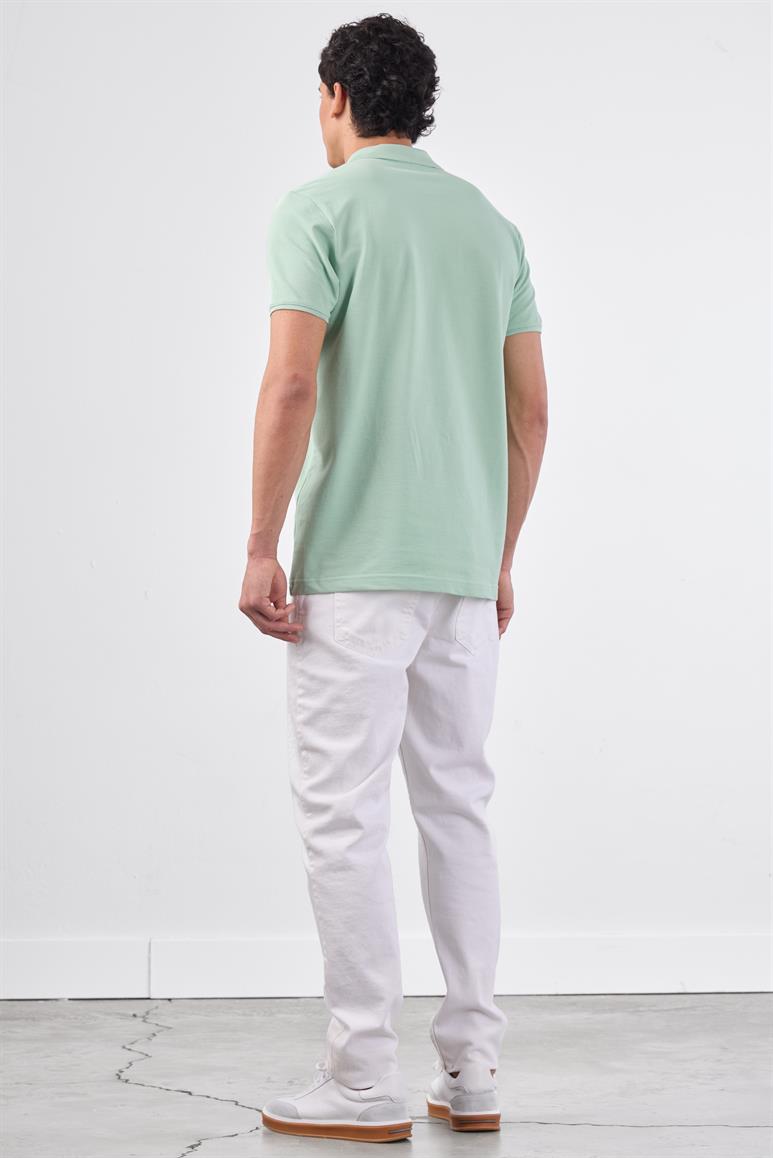 Mint Yeşili Polo Yaka Pamuklu Düz Renk Slim Fit Erkek T-shirt
