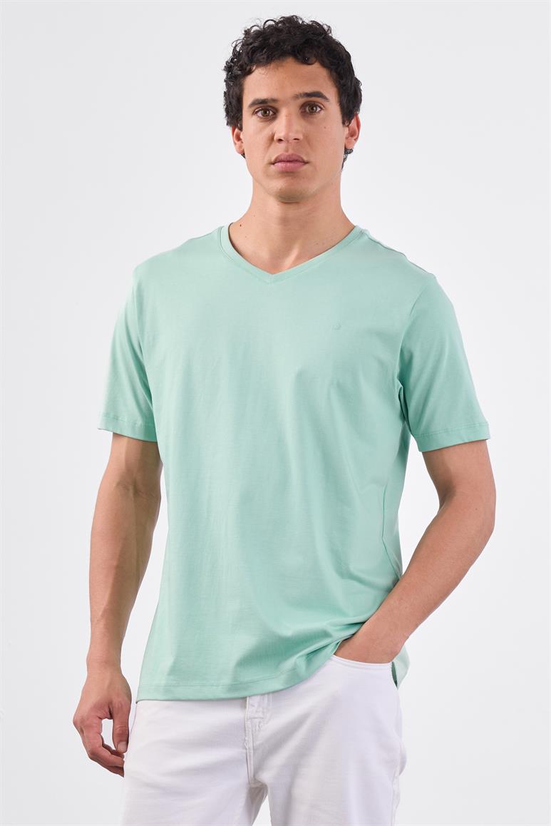 Mint Yeşili V Yaka Pamuklu Düz Renk Slim Fit Erkek T-shirt