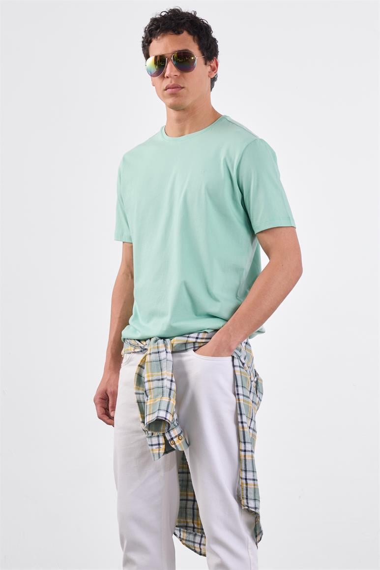 Mint Yeşili Bisiklet Yaka Pamuklu Düz Renk Slim Fit Erkek T-shirt