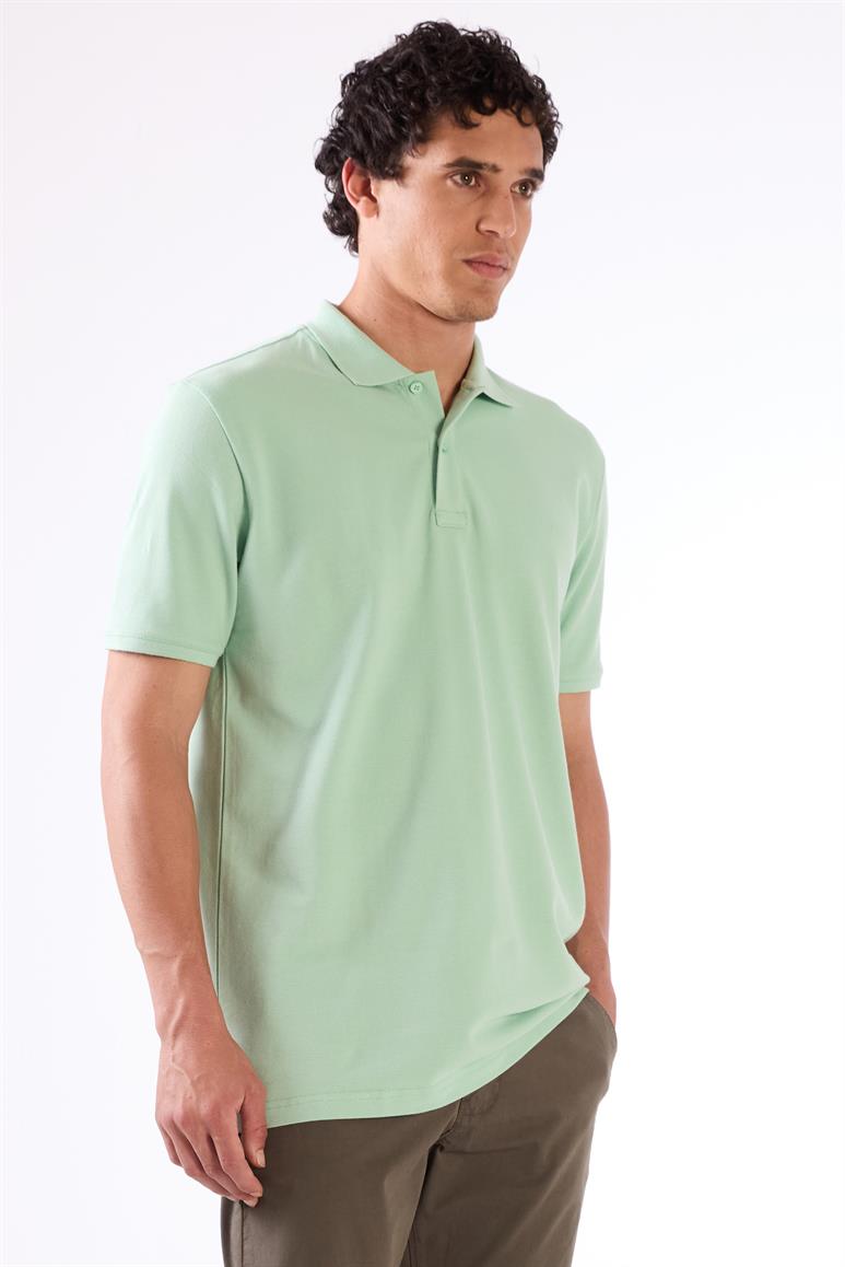 Mint Yeşili Polo Yaka Pamuklu Düz Renk Slim Fit Erkek T-shirt