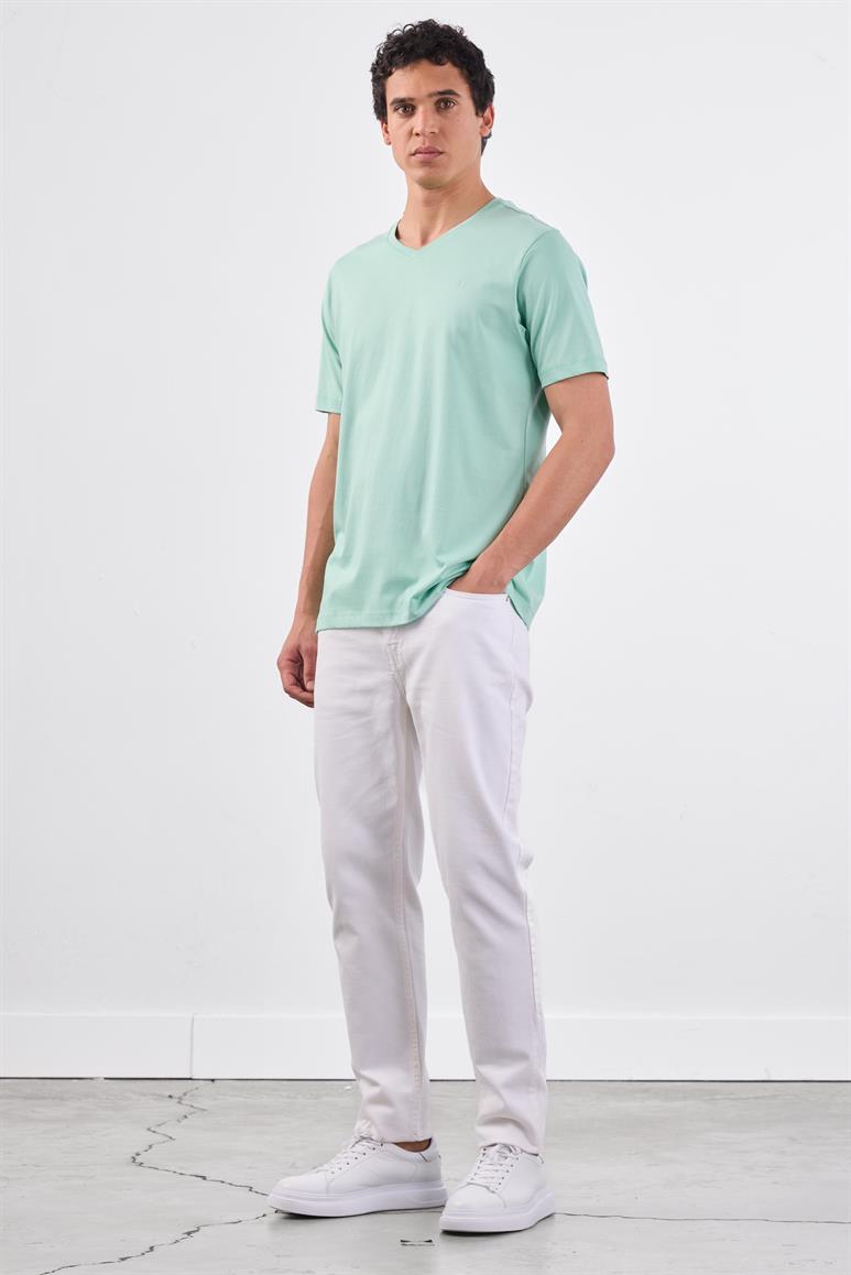 Mint Yeşili V Yaka Pamuklu Düz Renk Slim Fit Erkek T-shirt