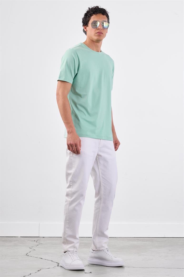 Mint Yeşili Bisiklet Yaka Pamuklu Düz Renk Slim Fit Erkek T-shirt