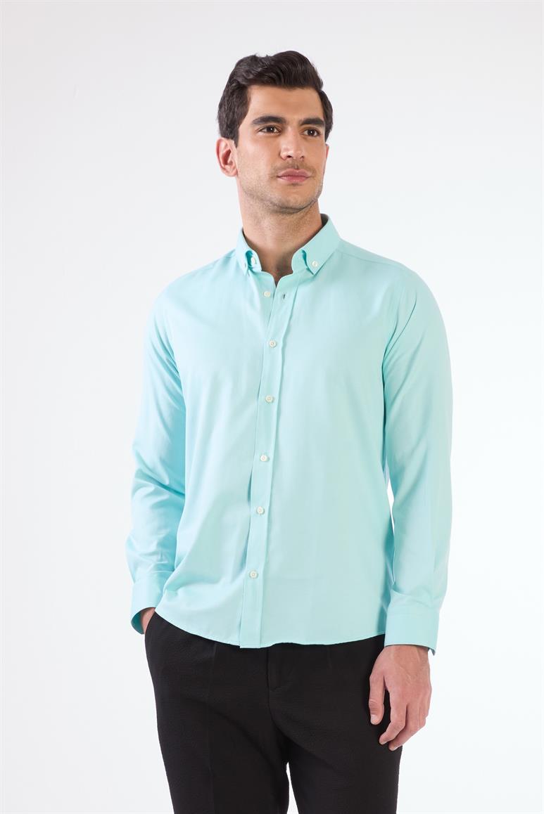 Mint Yeşili Erkek Slim Fit Düz Brent Düğmeli Yaka  Gömlek 