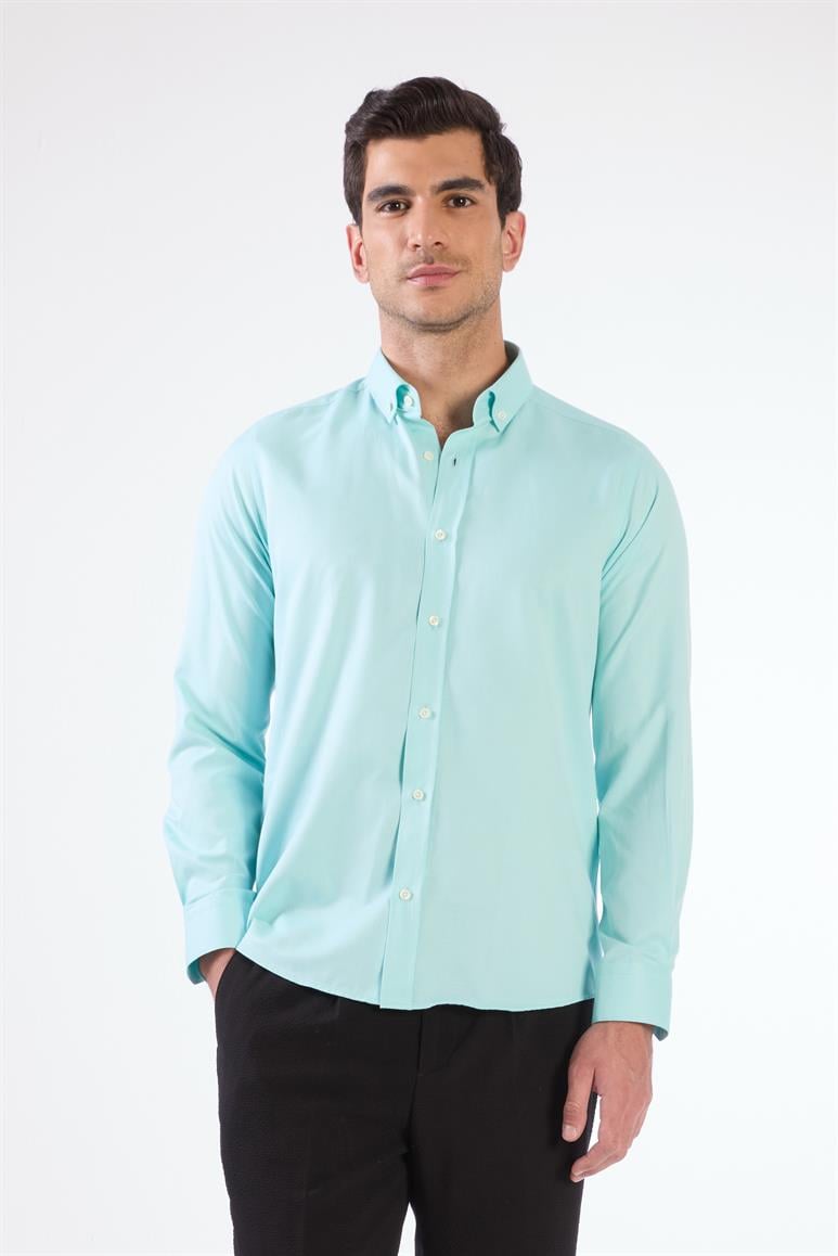 Mint Yeşili Erkek Slim Fit Düz Brent Düğmeli Yaka  Gömlek 