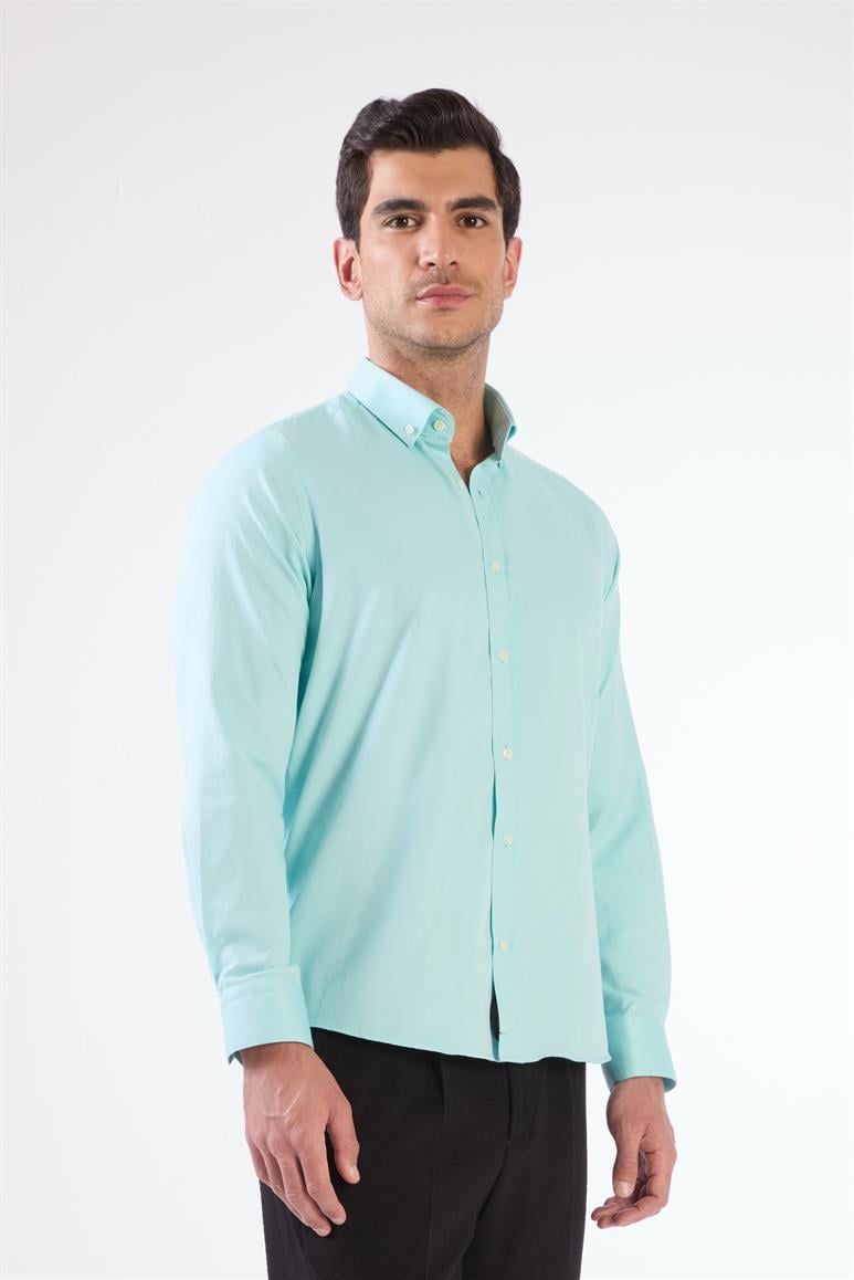 Mint Yeşili Erkek Slim Fit Düz Brent Düğmeli Yaka  Gömlek 