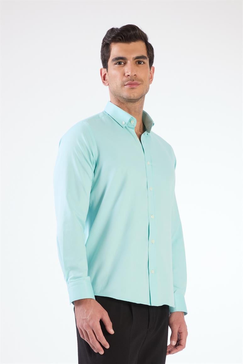 Mint Yeşili Erkek Slim Fit Düz Brent Düğmeli Yaka  Gömlek 