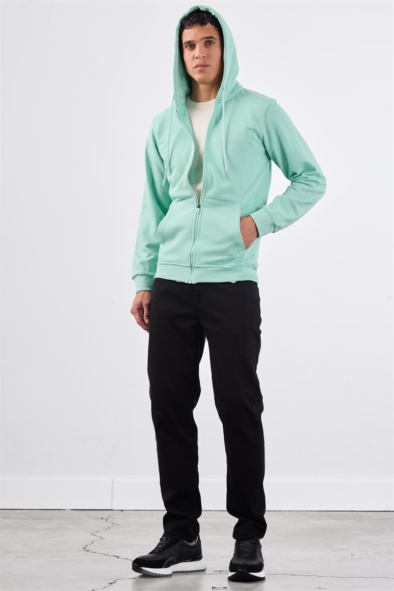 Mint Yeşili Fermuar Kapamalı Kapüşonlu Erkek Regular Fit Sweatshirt