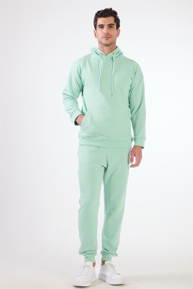 Mint Yeşili Kapüşonlu Kanguru Cepli Regular Fit Erkek Sweatshirt