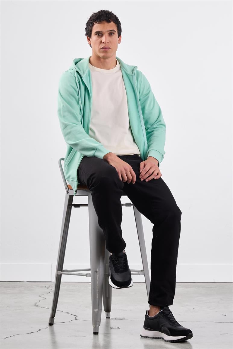 Mint Yeşili Fermuar Kapamalı Kapüşonlu Erkek Regular Fit Sweatshirt