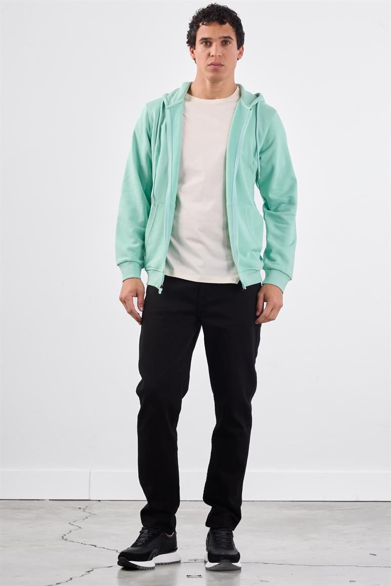 Mint Yeşili Fermuar Kapamalı Kapüşonlu Erkek Regular Fit Sweatshirt