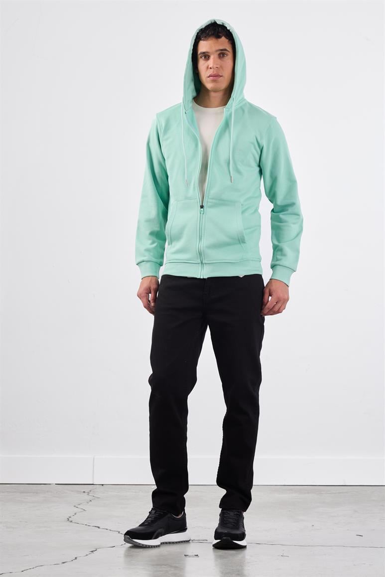 Mint Yeşili Fermuar Kapamalı Kapüşonlu Erkek Regular Fit Sweatshirt