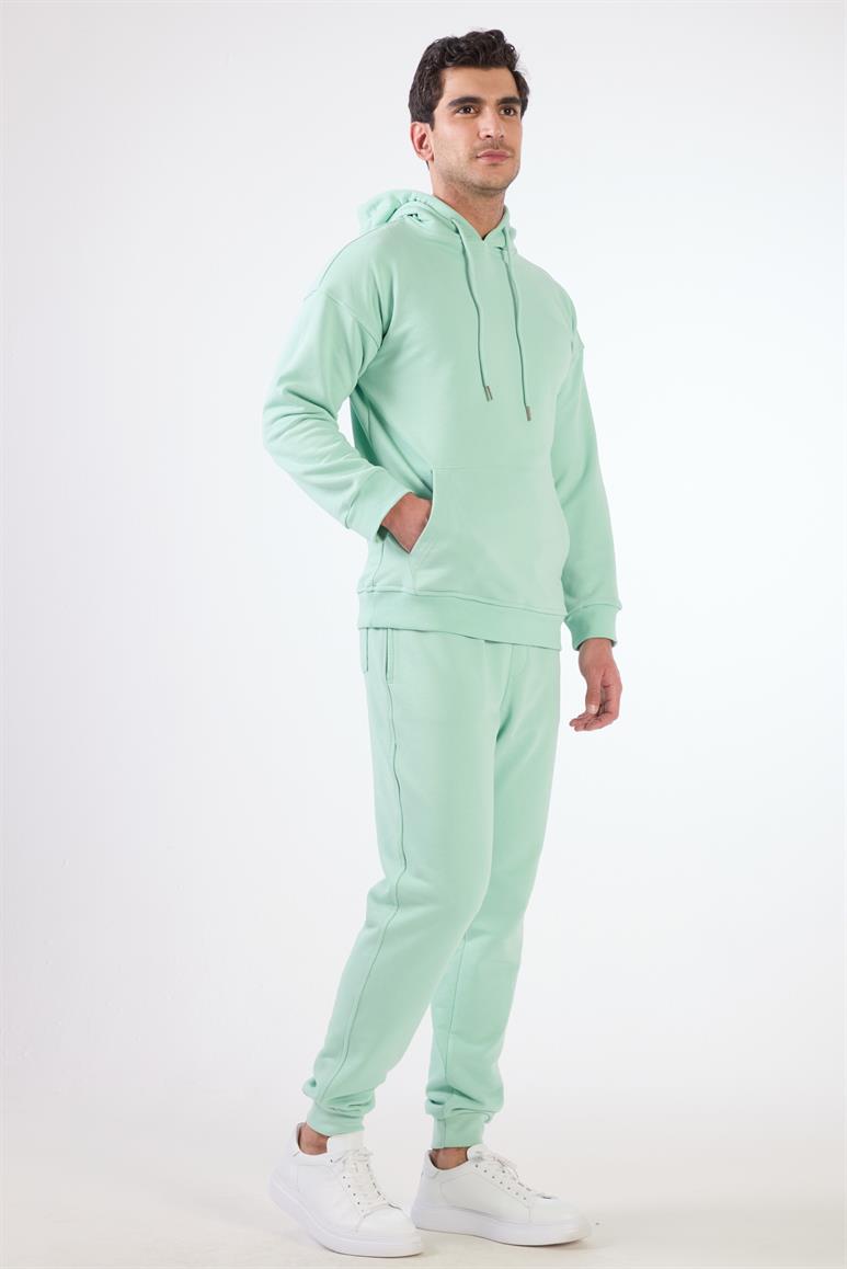 Mint Yeşili Kapüşonlu Kanguru Cepli Regular Fit Erkek Sweatshirt