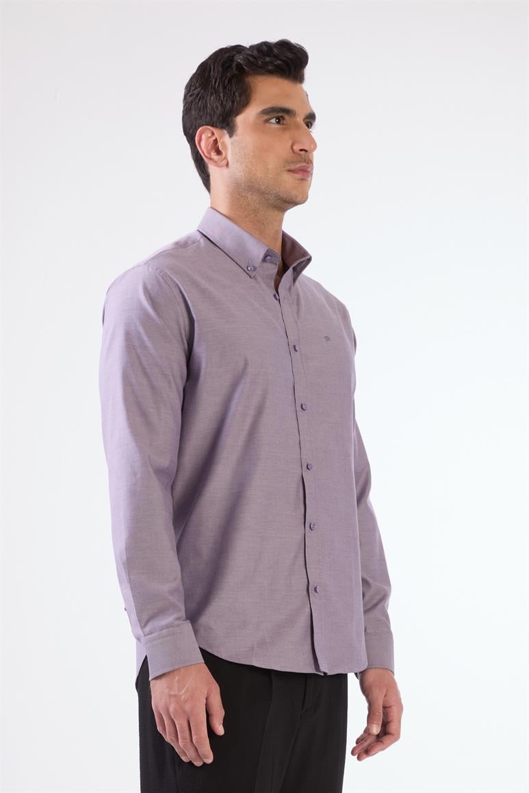 Mor Erkek Slim Fit Düz Brent Düğmeli Yaka Uzun Kol Gömlek 
