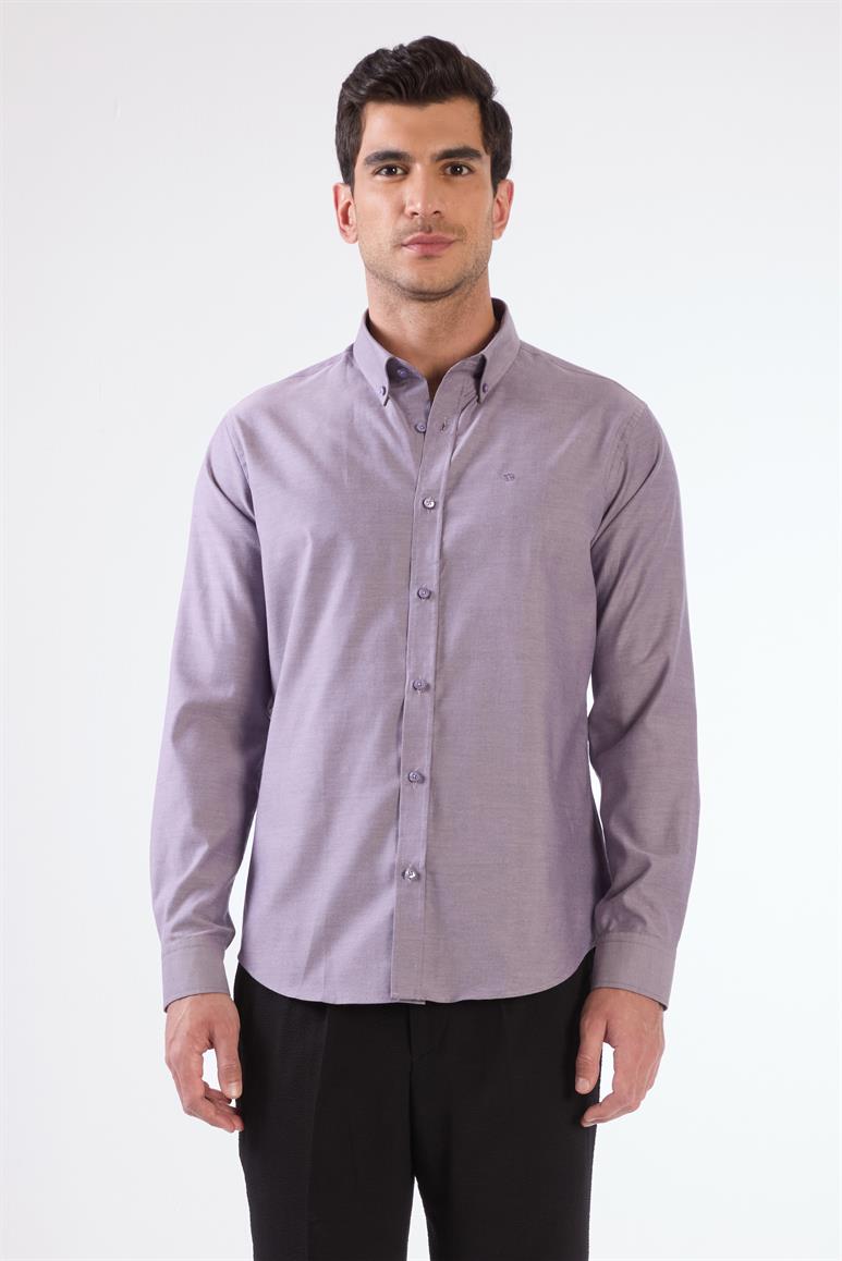 Mor Erkek Slim Fit Düz Brent Düğmeli Yaka Uzun Kol Gömlek 