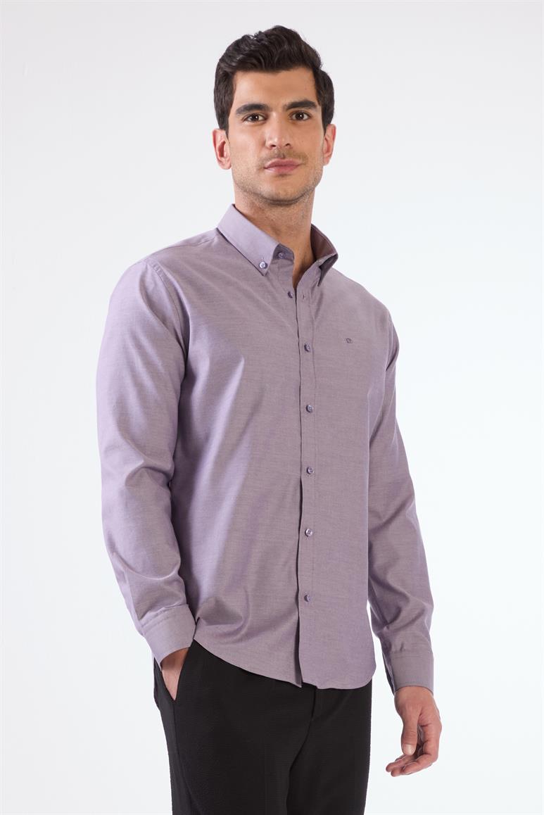 Mor Erkek Slim Fit Düz Brent Düğmeli Yaka Uzun Kol Gömlek 
