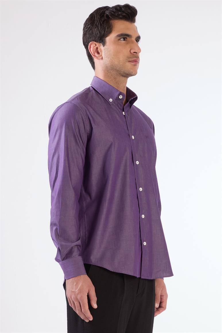 Mürdüm Erkek Regular Fit Düz Brent Düğmeli Yaka Uzun Kol Gömlek 