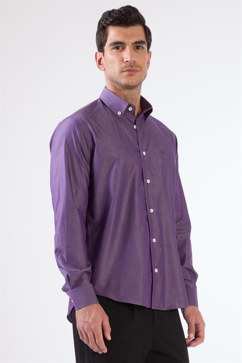 Mürdüm Erkek Regular Fit Düz Brent Düğmeli Yaka Uzun Kol Gömlek 
