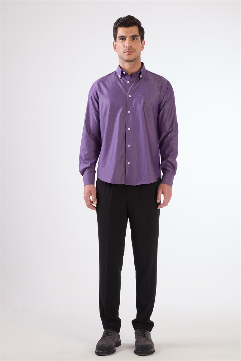 Mürdüm Erkek Regular Fit Düz Brent Düğmeli Yaka Uzun Kol Gömlek 