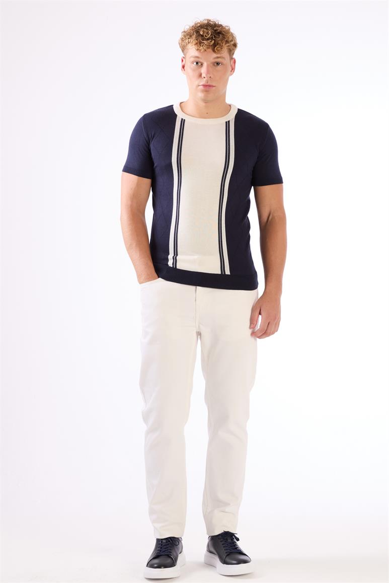 Lacivert Bisiklet Yaka Çift Renk Slim Fit Triko Tshirt