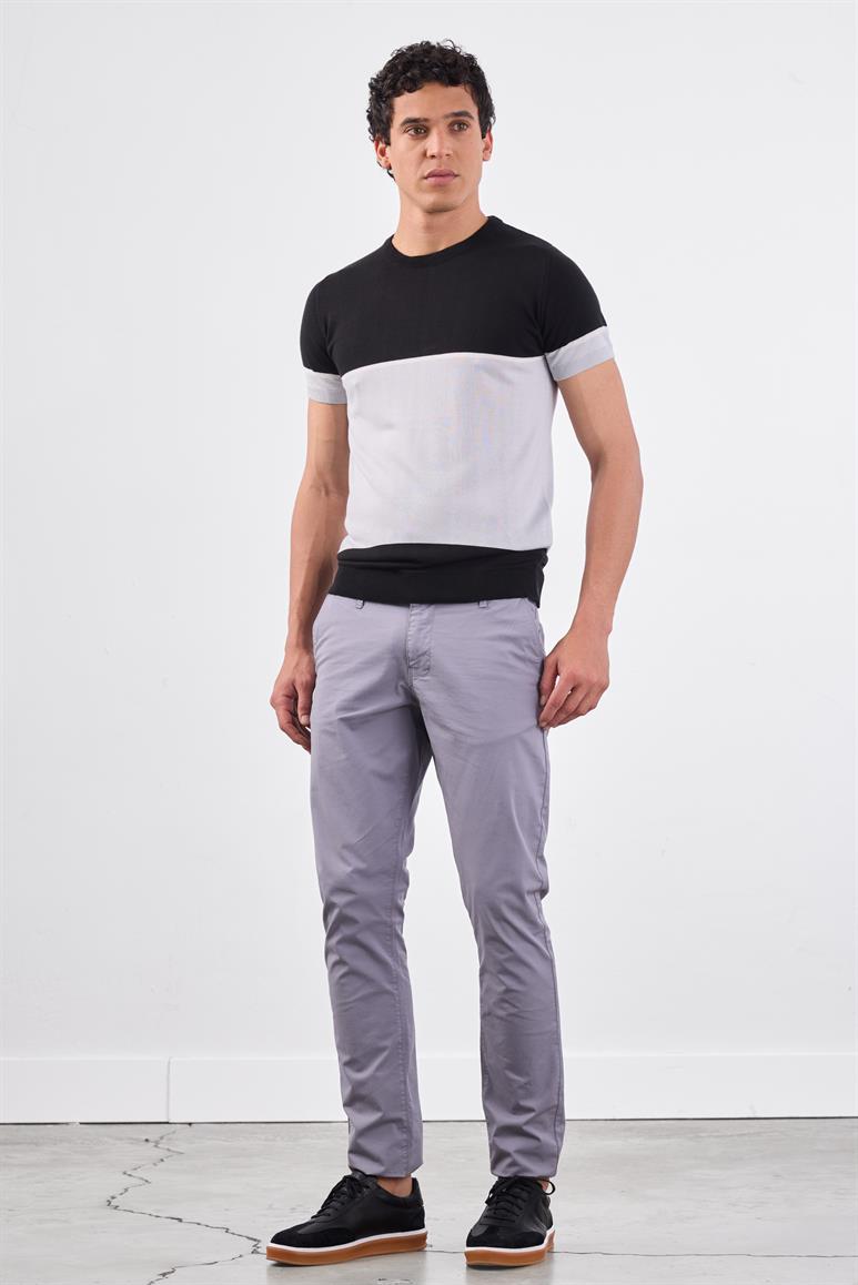 Siyah Bisiklet Yaka Çift Renk Slim Fit Triko Tshirt