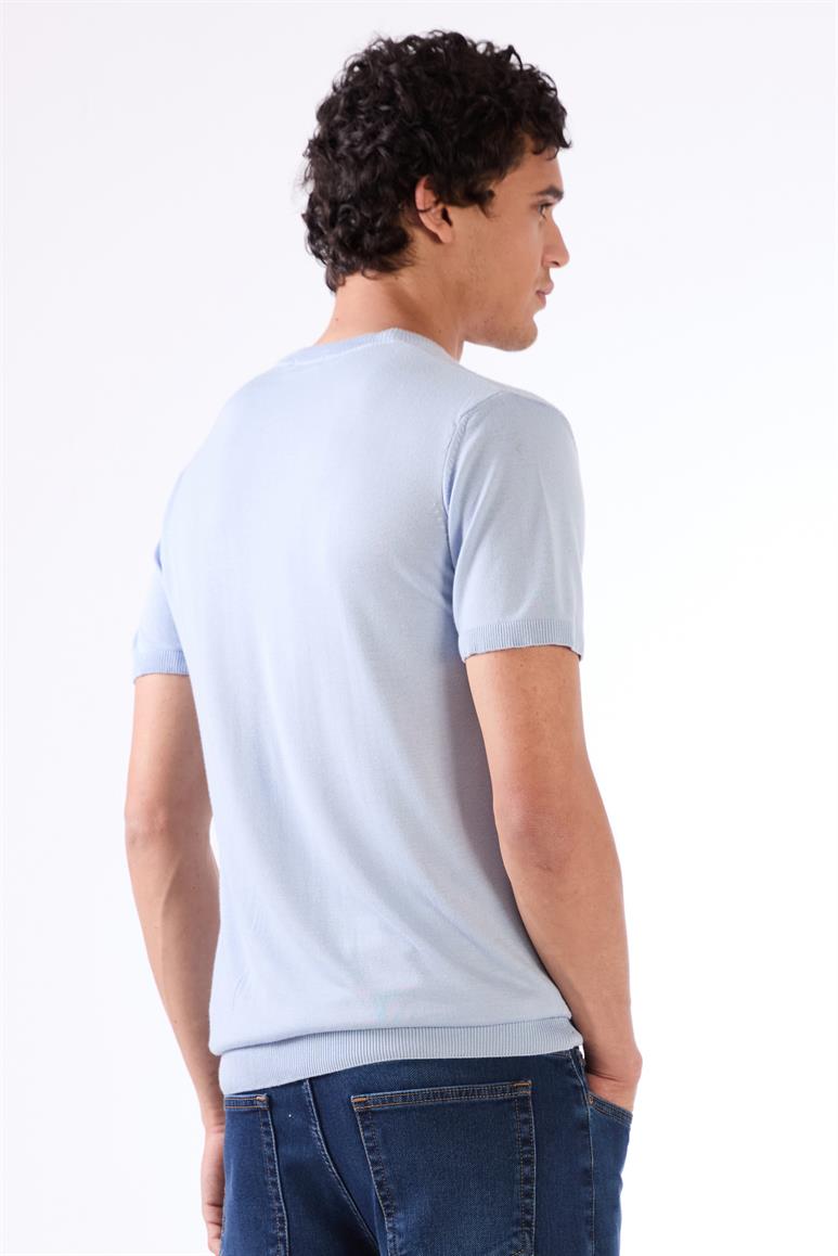 Buz Mavisi O Yaka Düz Renk Kısa Kollu Slim Fit Triko Tshirt