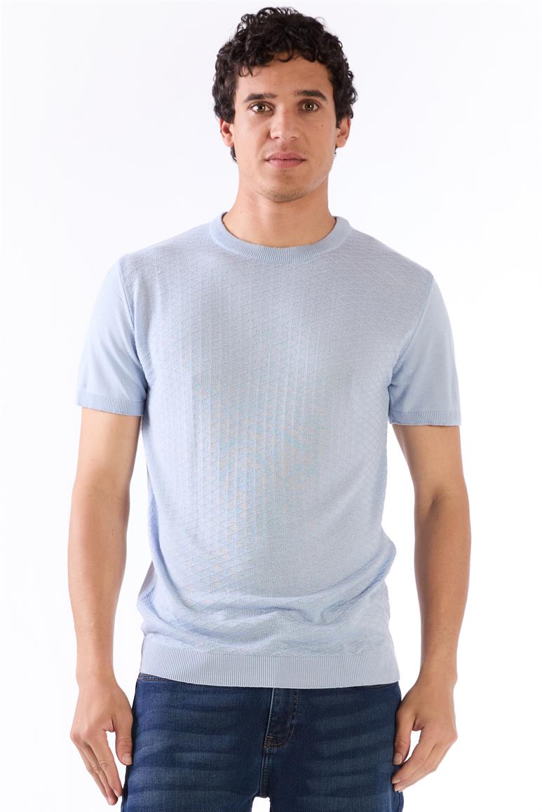 Buz Mavisi O Yaka Düz Renk Kısa Kollu Slim Fit Triko Tshirt