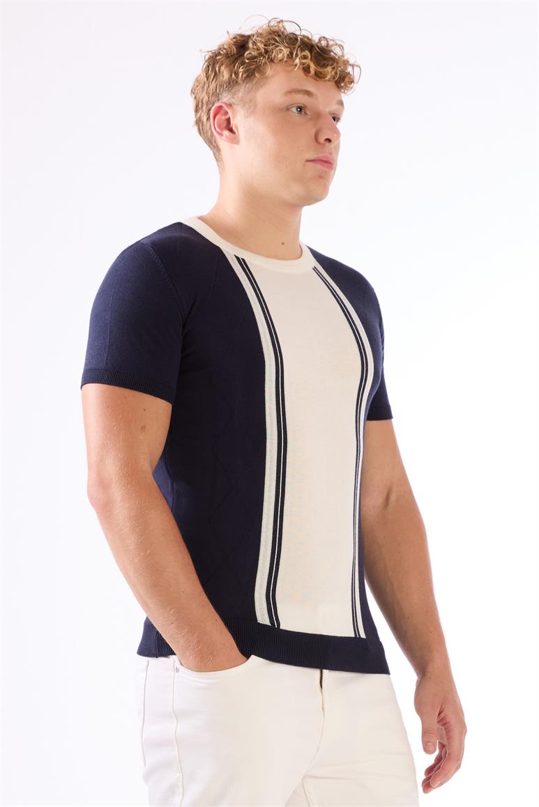 Lacivert Bisiklet Yaka Çift Renk Slim Fit Triko Tshirt