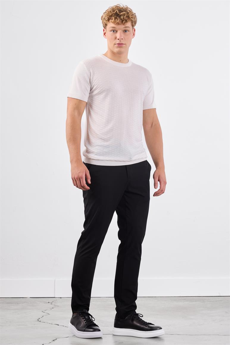 Ekru O Yaka Düz Renk Kısa Kollu Slim Fit Triko Tshirt