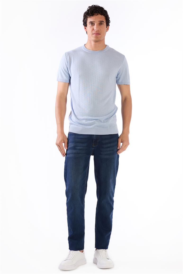Buz Mavisi O Yaka Düz Renk Kısa Kollu Slim Fit Triko Tshirt