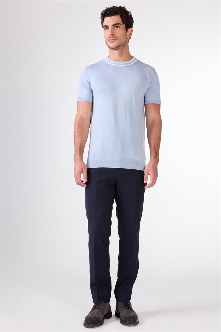 Buz Mavisi O Yaka Düz Renk Kısa Kollu Slim Fit Triko Tshirt