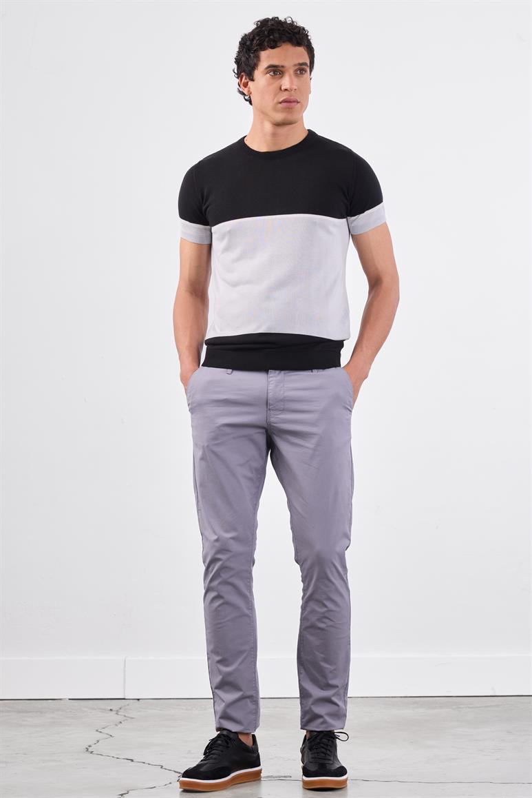 Siyah Bisiklet Yaka Çift Renk Slim Fit Triko Tshirt