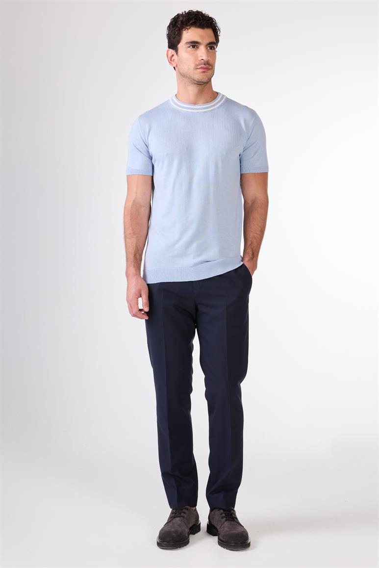 Buz Mavisi O Yaka Düz Renk Kısa Kollu Slim Fit Triko Tshirt