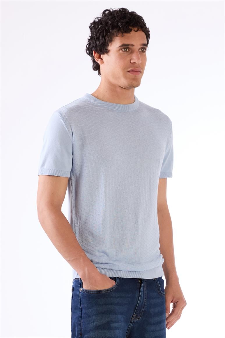 Buz Mavisi O Yaka Düz Renk Kısa Kollu Slim Fit Triko Tshirt