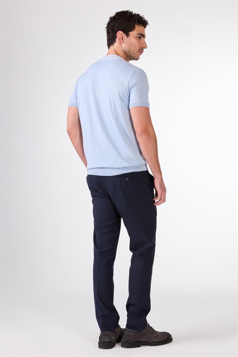 Buz Mavisi O Yaka Düz Renk Kısa Kollu Slim Fit Triko Tshirt