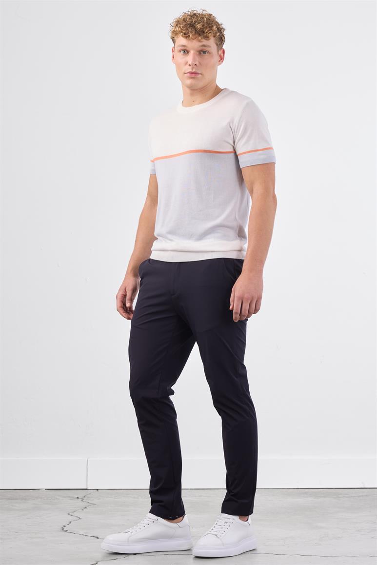 Ekru Bisiklet Yaka Çift Renk Slim Fit Triko Tshirt