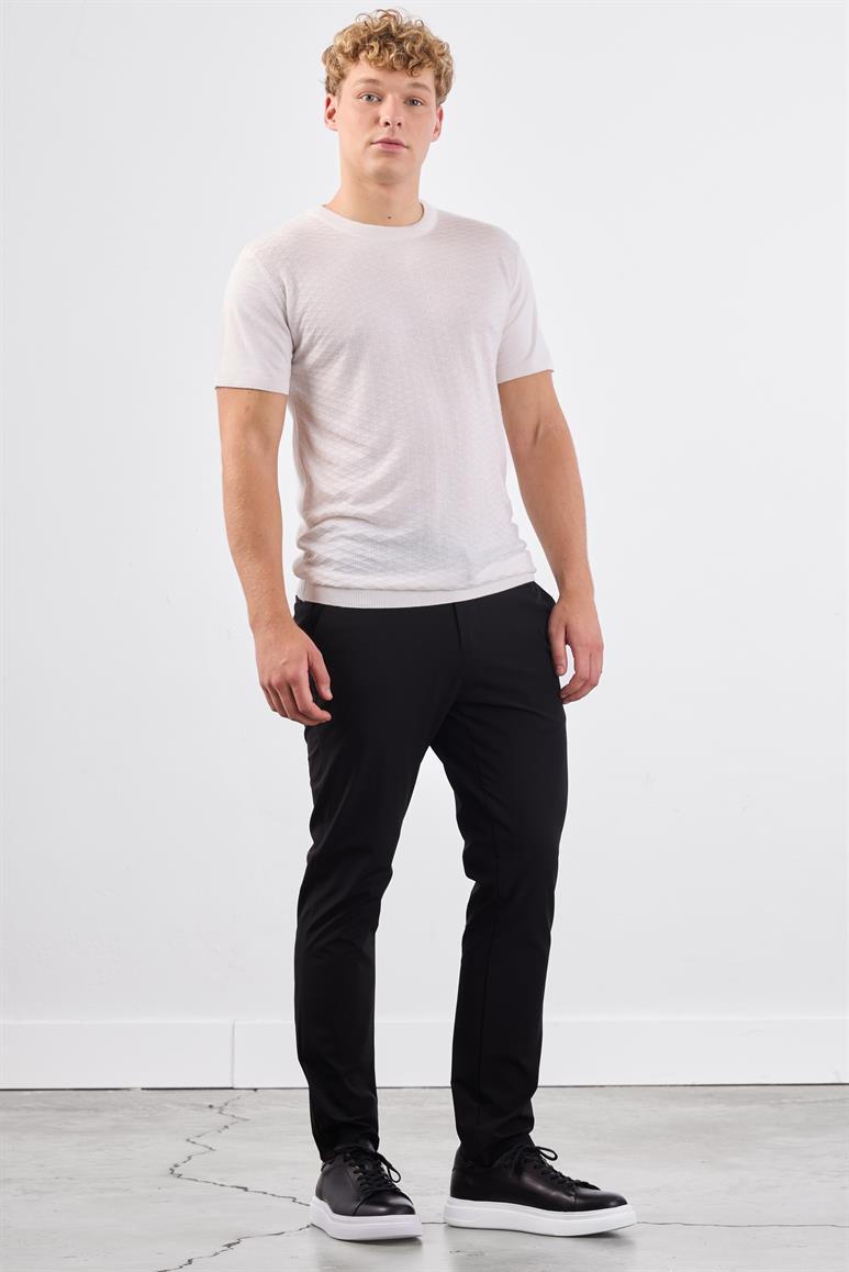 Ekru O Yaka Düz Renk Kısa Kollu Slim Fit Triko Tshirt