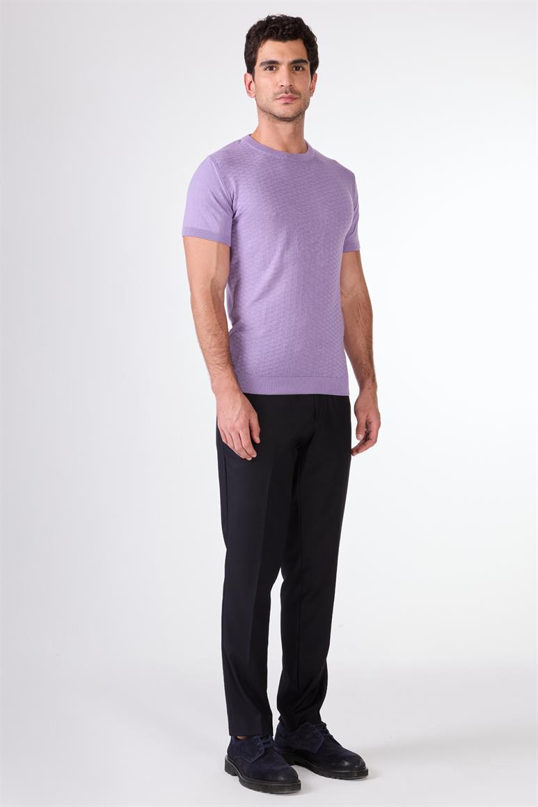 Açık Mor O Yaka Düz Renk Kısa Kollu Slim Fit Triko Tshirt