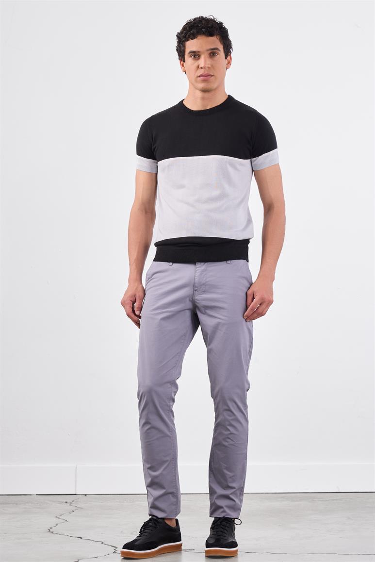 Siyah Bisiklet Yaka Çift Renk Slim Fit Triko Tshirt