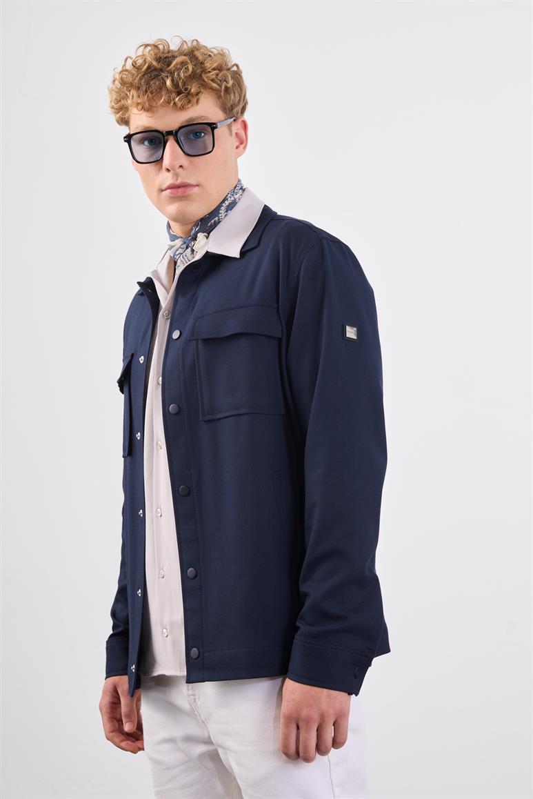 Lacivert Çıtçıt Kapamalı Cepli Overshirt Gömlek